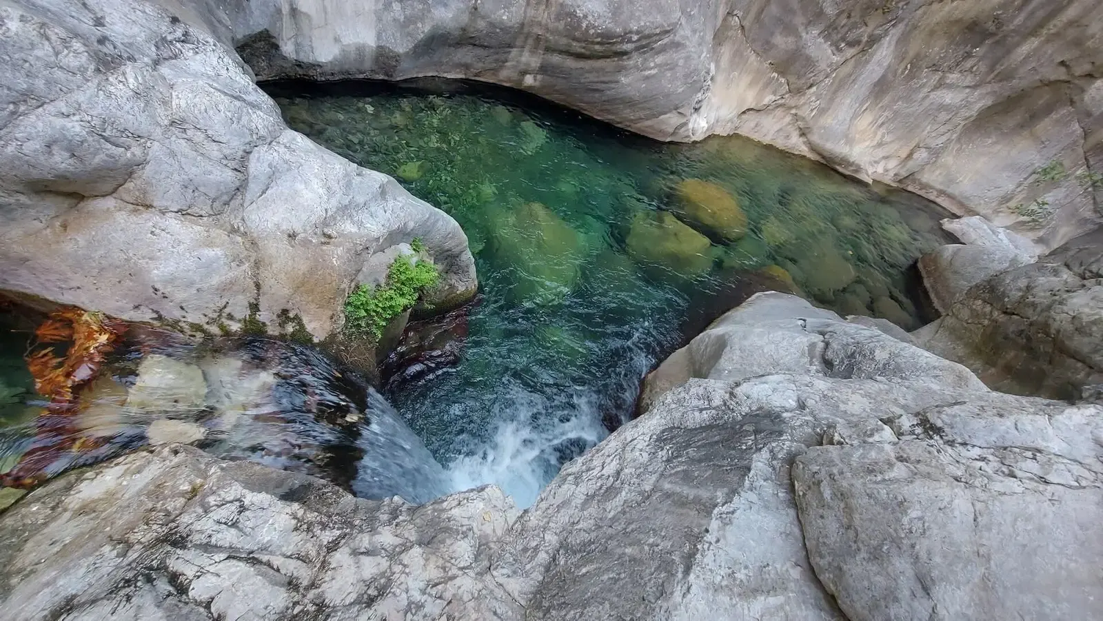 Een groene waterpoel tussen gladgesleten kalksteen in de Sapadere kloof