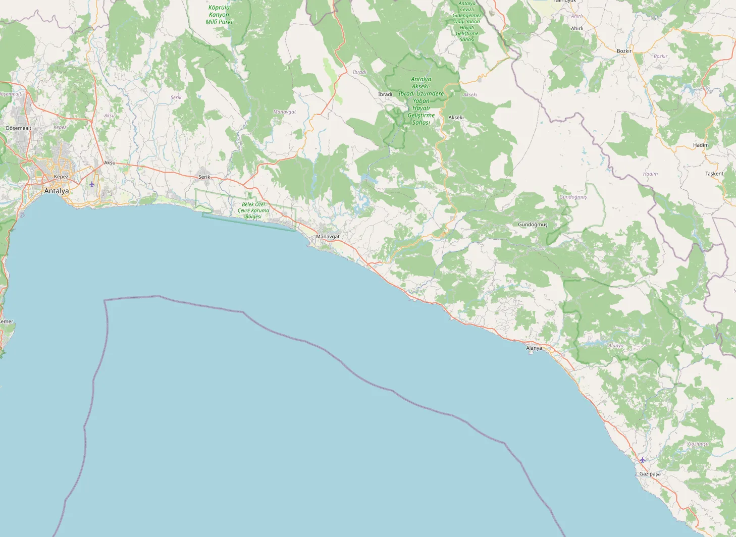Kaart van de kust tussen Antalya en Gazipaşa met alle bezienswaardigheden